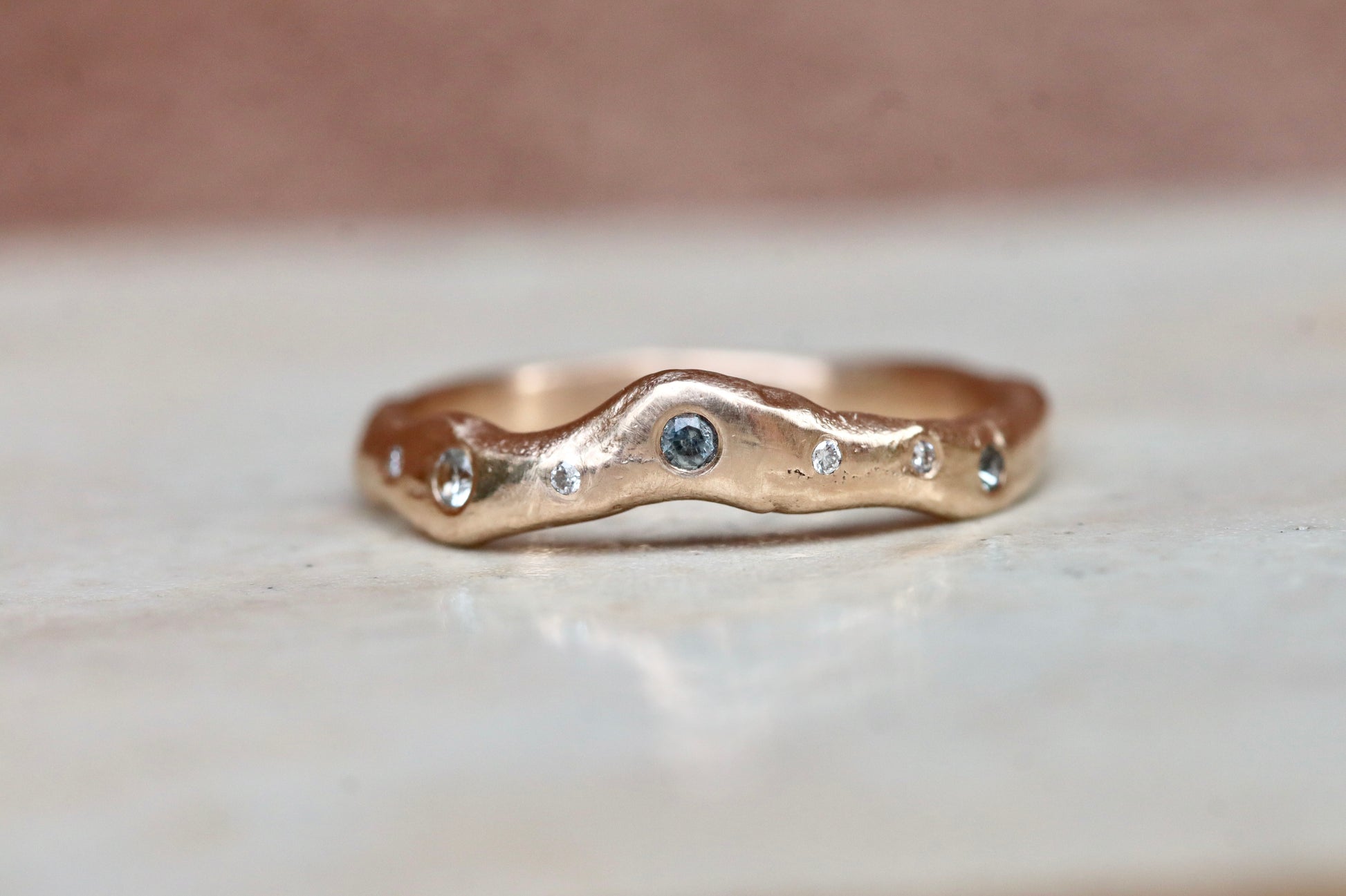 ethical montana sapphire diamond 14kt yellow recycled gold organic texture wavy scattered diamond wedding band nature inspired whimsical paige devlin jewelry