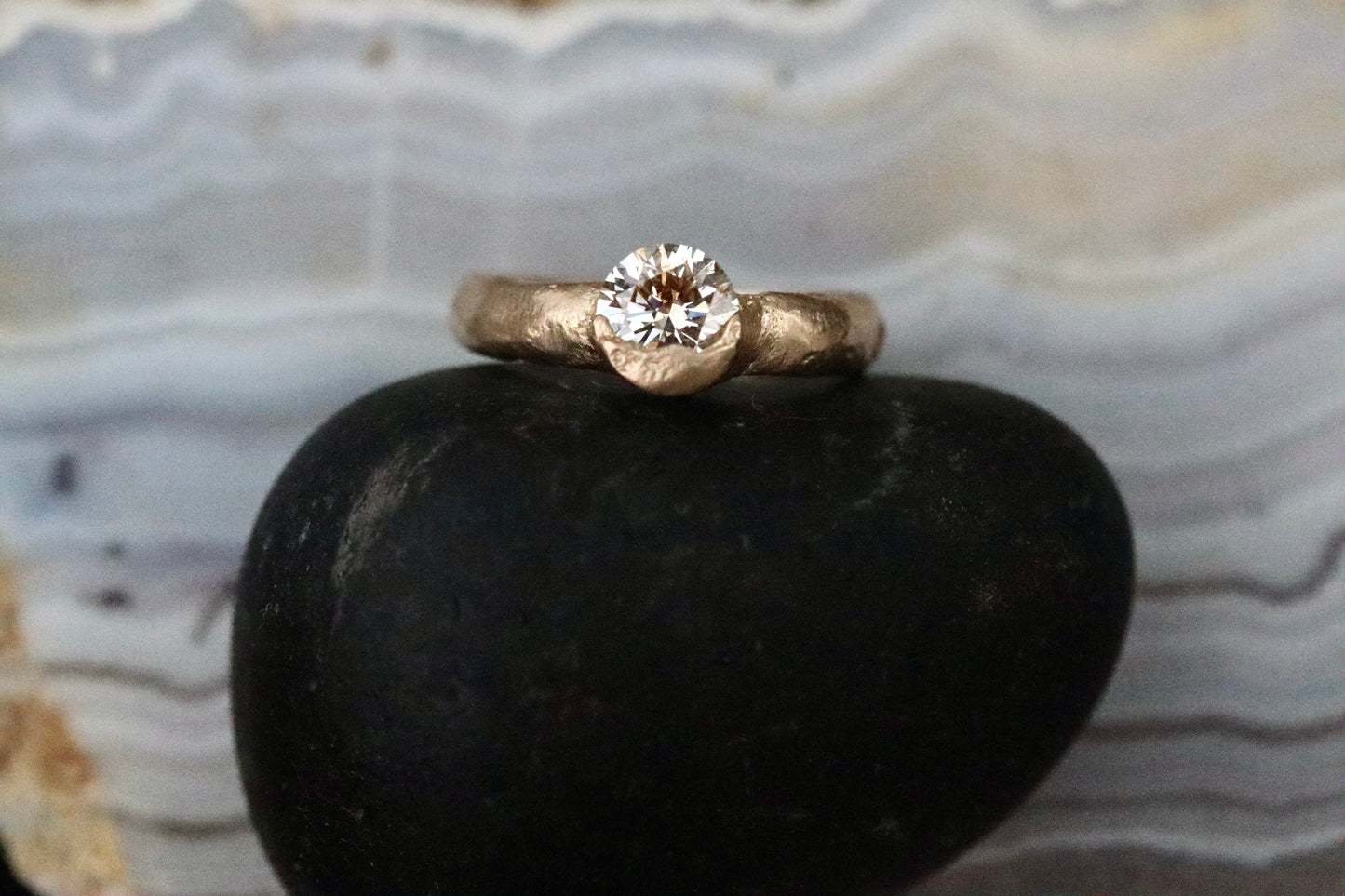 ethical diamond engagement solitaire ring reclaimed diamond sandcast recycled diamond recycled gold sustainable diamond ring earthy diamond ring organic texture diamond ring paige devlin jewelry