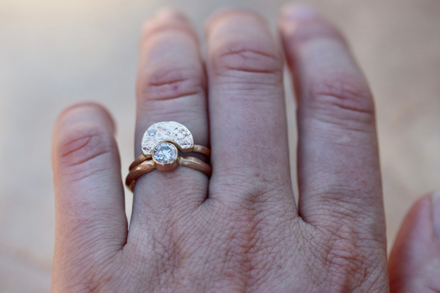 ethical diamond engagement solitaire ring reclaimed diamond recycled diamond recycled gold sustainable diamond ring earthy diamond ring organic texture diamond ring paige devlin jewelry organic texture crown ring methow valley wedding jewelry