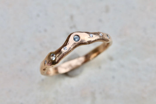 ethical montana sapphire diamond 14kt yellow recycled gold organic texture wavy scattered diamond wedding band nature inspired whimsical paige devlin jewelry
