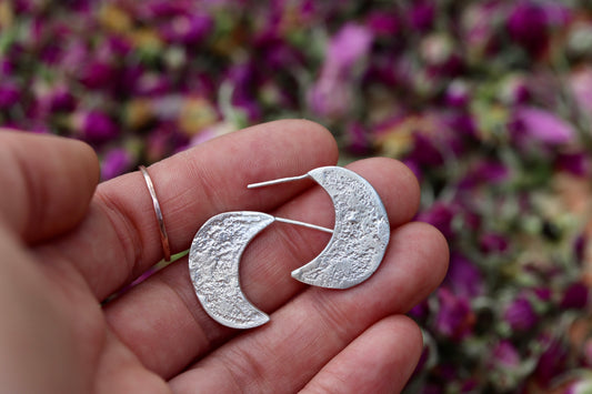 organic textured sterling silver crescent moon hoops witchy jewelry