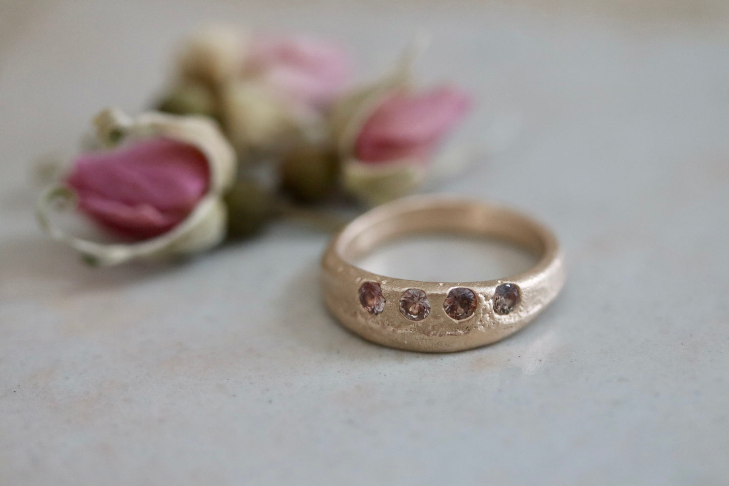 parti-colored lavender brown peach montana sapphire ring band sandcast earthen organic textured handmade ethical paige devlin jewelry