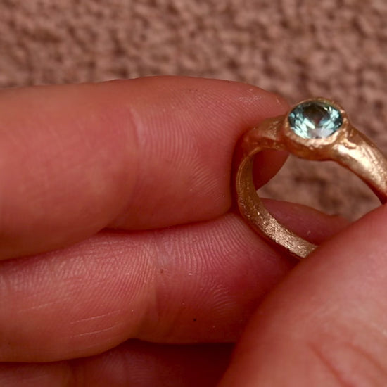 green montana sapphire solitaire sandcast rustic organic textured gold ethical paige devlin jewelry