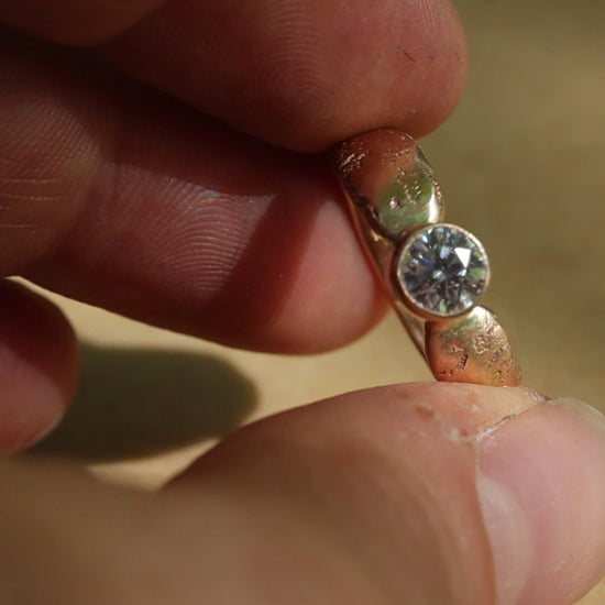 ethical diamond engagement solitaire ring reclaimed diamond recycled diamond recycled gold sustainable diamond ring earthy diamond ring organic texture diamond ring paige devlin jewelry sandcast earthy wide thick engagement ring