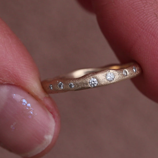 rustic organic gold 14kt sandcast ethical reclaimed scattered diamonds paige devlin jewelry wedding band ring wabi sabi rustic