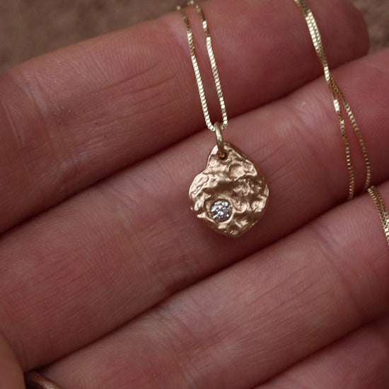 sandcast ethical reclaimed recycled diamond recycled 14kt gold textured handmade artisan made small pendant necklace 