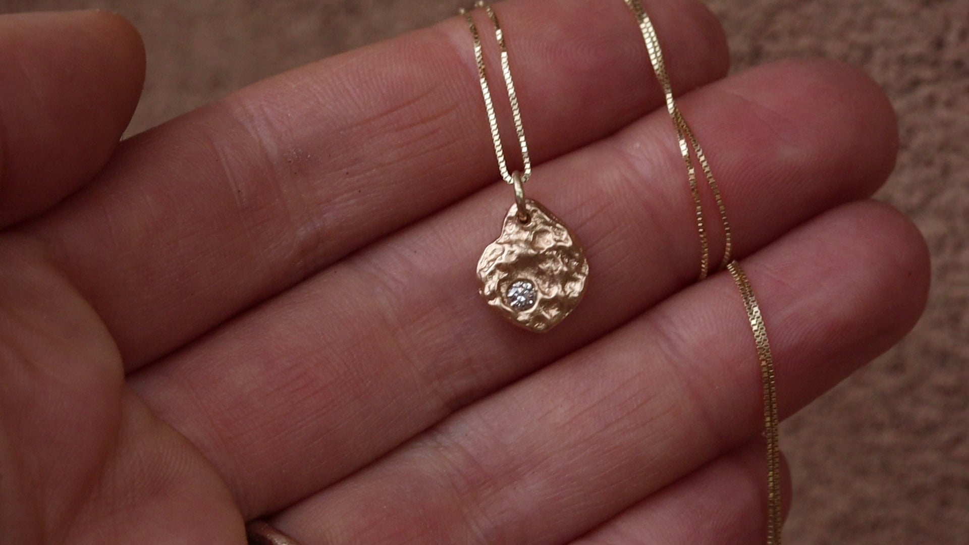 sandcast ethical reclaimed recycled diamond recycled 14kt gold textured handmade artisan made small pendant necklace 