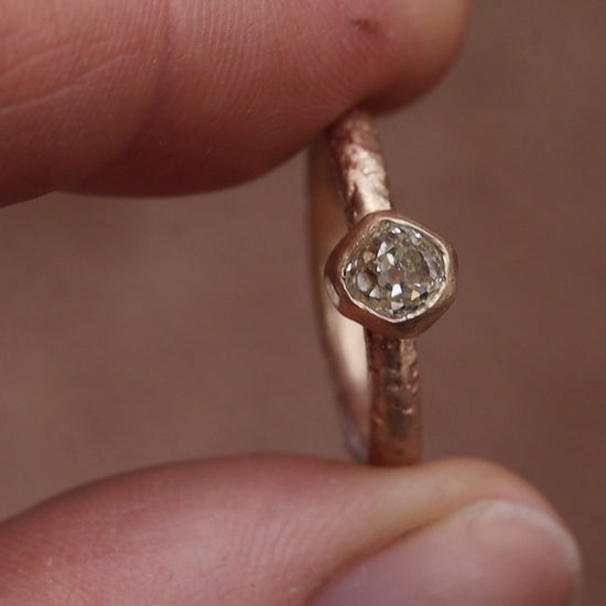 reclaimed old mine cut diamond wabi sabi handcrafted handcarved sandcast solitaire engagement ring organic texture alternative diamond ring wedding ring rustic ethical paige devlin jewelry methow valley jewelery artist
