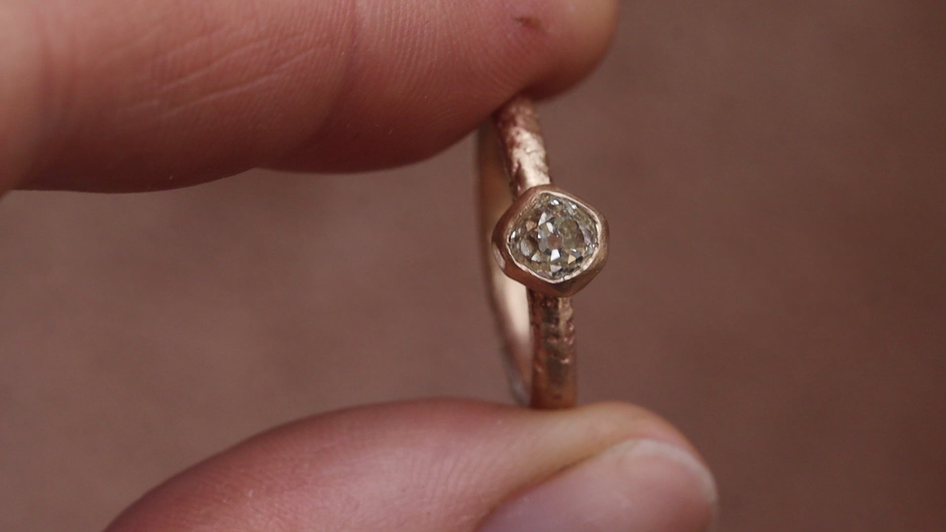 reclaimed old mine cut diamond wabi sabi handcrafted handcarved sandcast solitaire engagement ring organic texture alternative diamond ring wedding ring rustic ethical paige devlin jewelry methow valley jewelery artist