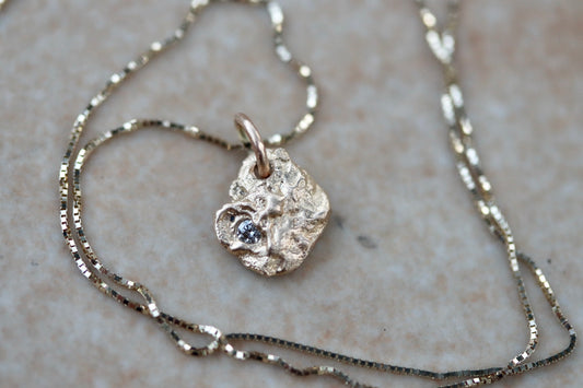 rustic organic 14kt recycled gold diamond necklace ethical sustainable jewelry sandcast paige devlin jewelry