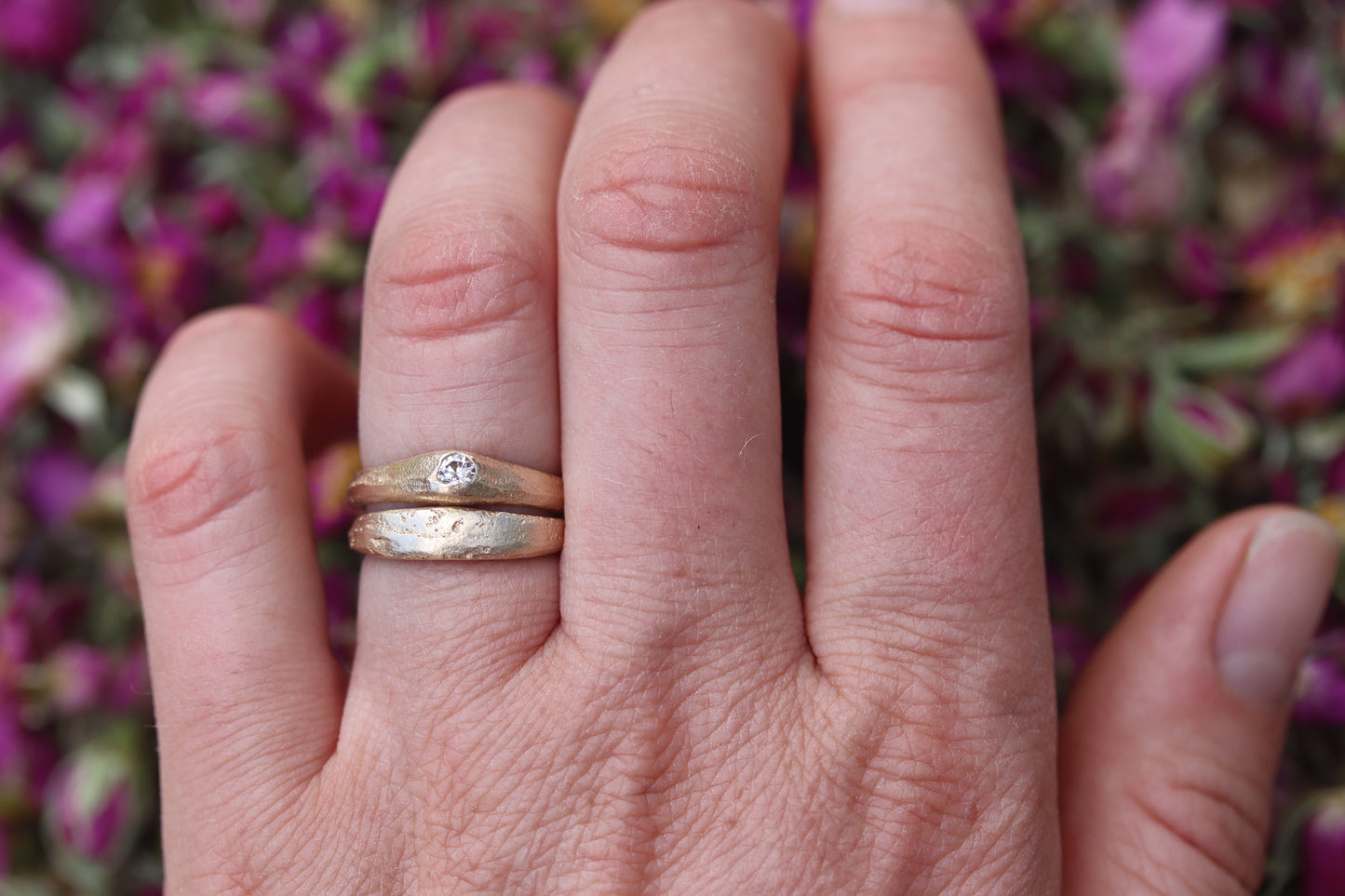 thin 14kt recycled gold  organic minimal texture sandcast wedding band ethical paige devlin jewelry methow valley