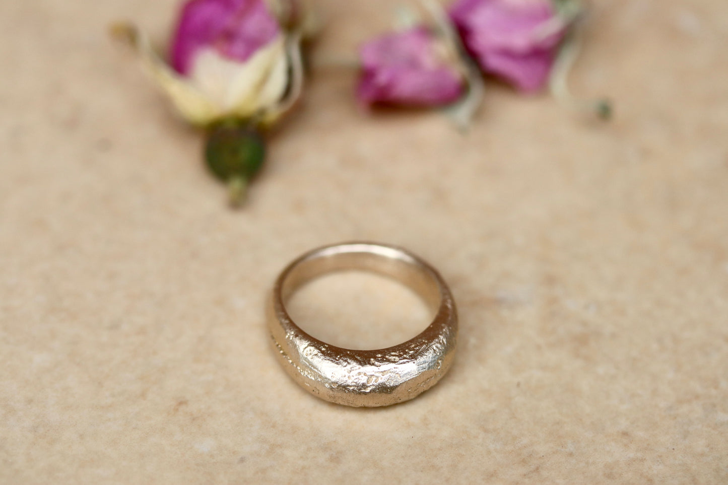 earthen rustic high dome recycled gold sandcast wedding band textured chunky handmade wedding band paige devlin jewelry