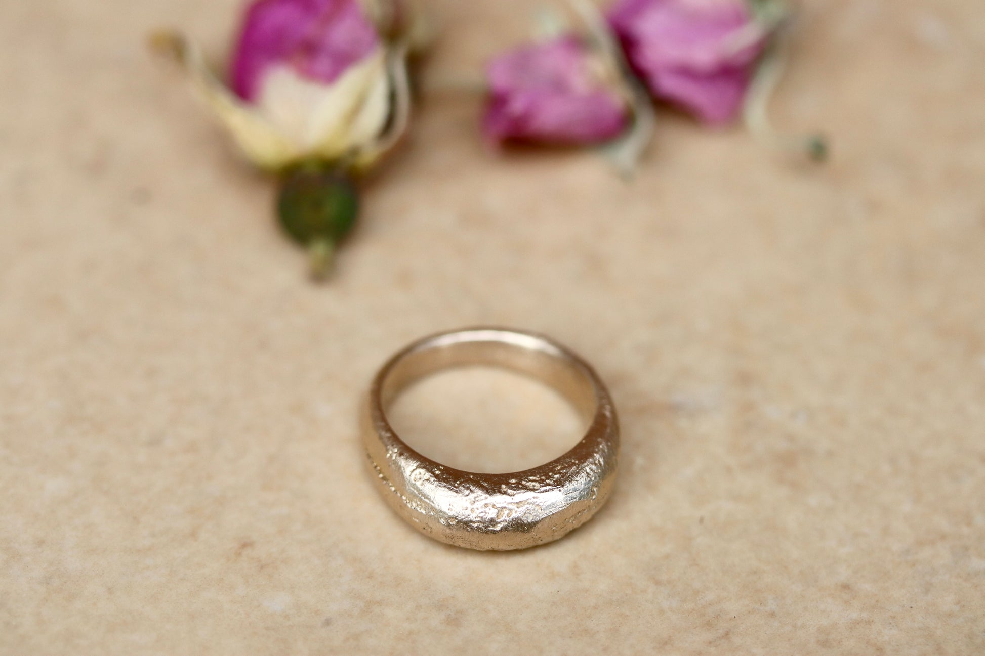 earthen rustic high dome recycled gold sandcast wedding band textured chunky handmade wedding band paige devlin jewelry