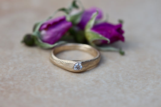 ethical diamond engagement solitaire ring reclaimed diamond sandcast recycled diamond recycled gold sustainable diamond ring earthy diamond ring organic texture diamond ring paige devlin jewelry