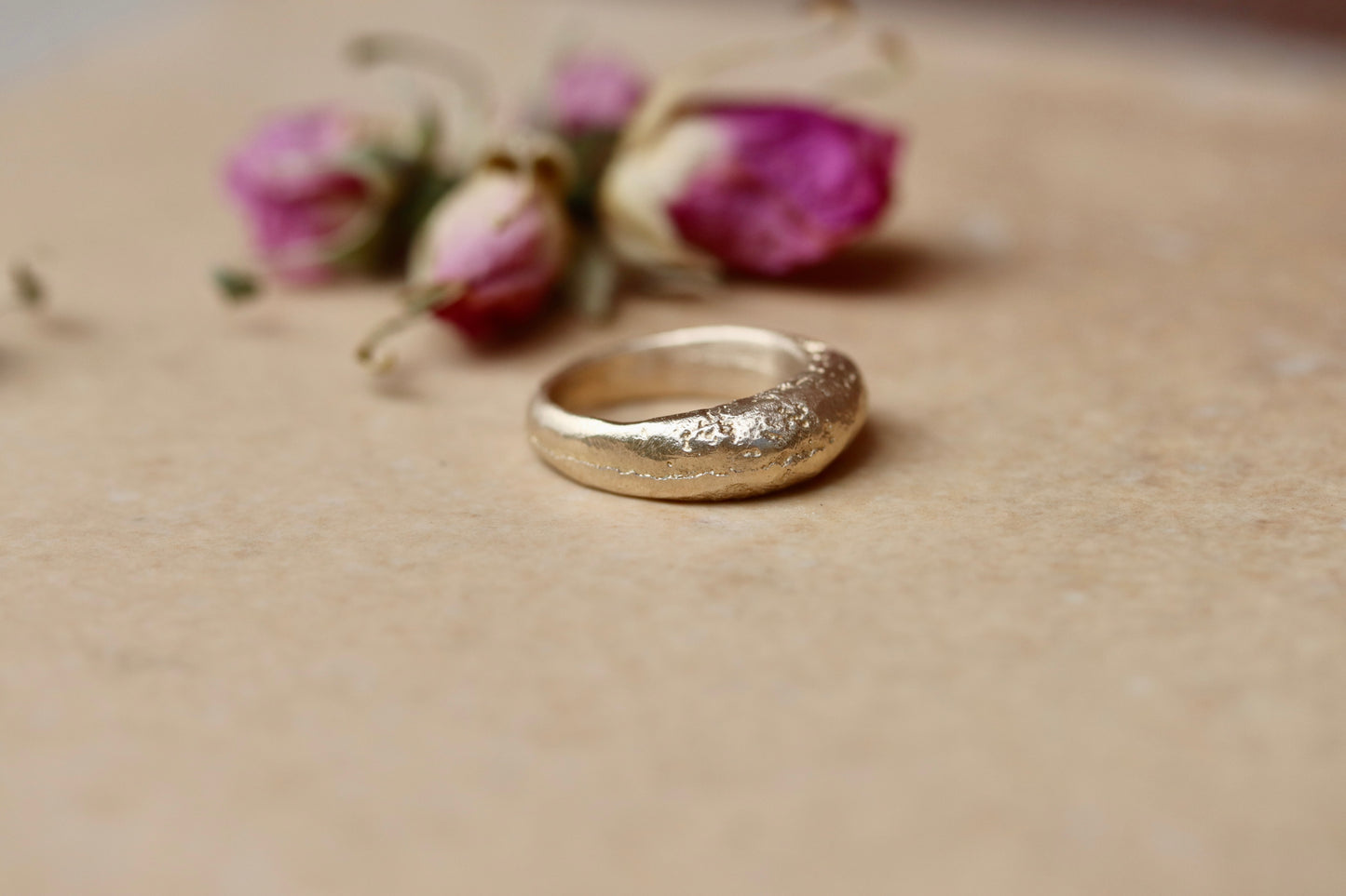 earthen rustic high dome recycled gold sandcast wedding band textured chunky handmade wedding band paige devlin jewelry methow valley wedding jewelry paige devlin