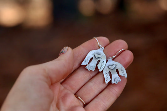 the arrowleaf heart  folk flower folk earring folk art earrings folk birdrecycled bronze recycled sterling silver