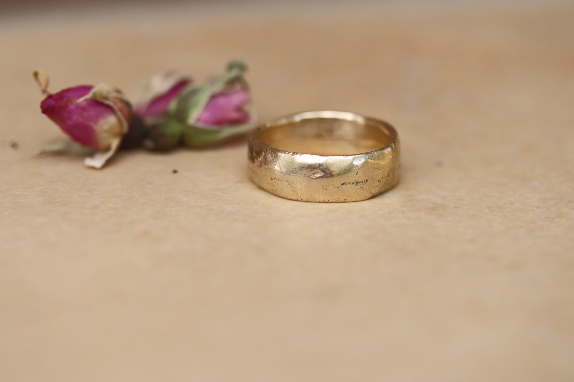 thick rustic organic sandcast gold recycled mens wide wedding band methow valley wedding jewelry paige devlin jewelry